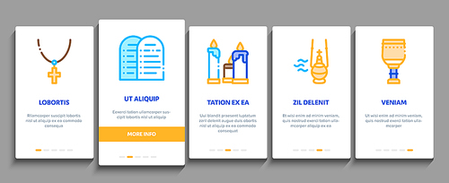 Church Christianity Onboarding Mobile App Page Screen Vector. Church Building And Interior, Christian Religion Bible And Cross, Candles And Bell Color Illustrations