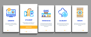 Gas Fuel Industry Onboarding Mobile App Page Screen Vector. Gas Truck Cargo Delivery And Carriage Transportation, Station And Derrick, Flame And Barrel Color Illustrations