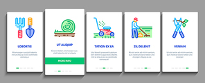 Gardener Worker Instrument Onboarding Mobile App Page Screen Vector. Gardener Shovel And Rake, lawn mower and Watering Hose, Pruner And Trolley Farmer Tool Color Illustrations