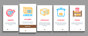 Cheese Dairy Food Onboarding Mobile App Page Screen Vector. Cheese On Sliced Bread Sandwich Breakfast And Milky Product Piece, Grater And Cut Board Color Illustrations