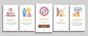 Racism Discrimination Onboarding Mobile App Page Screen Vector. Stop Racism Nameplate And Label, Scale And Loudspeaker, Pigeon And Handshake Color Illustrations