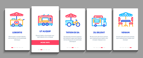Street Food And Drink Onboarding Mobile App Page Screen Vector. Food Truck And Bicycle, Cart And Stand, Burger And Sauce Bottles, Catering Service Color Illustrations