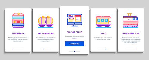 Train Rail Transport Onboarding Mobile App Page Screen Vector. Electrical Passenger And Freight Train, Railway Station And Platform, Carriage And Ticket Color Illustrations