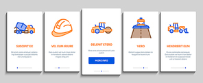 Road Repair And Construction Onboarding Mobile App Page Screen Vector. Road Repair And Maintenance Equipment, Builder Protect Helmet And Cart, Bulldozer And Truck Color Illustrations