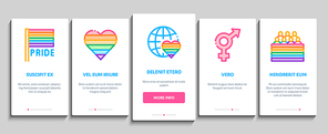 Lgbt Homosexual Gay Onboarding Mobile App Page Screen Vector. Lgbt Community And Flag, Unicorn And Rainbow, Love Freedom And Marriage Color Illustrations