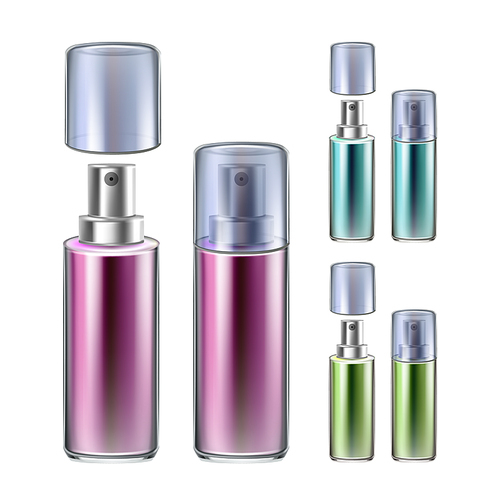 Perfume Sprayer Bottles Collection Set Vector. Aromatic Liquid Glass Transparency Blank Bottles With Spray Different Color, Elegant Female Accessory. Aroma Cosmetics Layout Realistic 3d Illustrations
