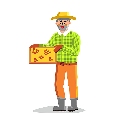 Beekeeping Worker Man Holding Honeycomb Vector. Beekeeper Working Hold Frame With Bee Honey On Apiary, Beekeeping Business. Character Apiarist Occupation Flat Cartoon Illustration