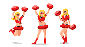 Cheerleader Girls Dancers With Pompoms Vector. Cheerleader Young Women Wearing Uniform And Holding Pom-poms Dancing And Jumping. Characters Sport Team Support Flat Cartoon Illustration