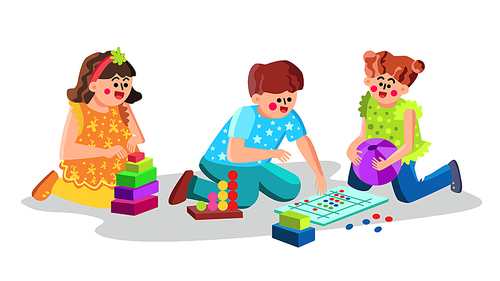 Child Care Center Children Playing Toys Vector. Little Kids Boy And Girl Play Game And Enjoying In Child Care Kindergarten. Preschool Characters Playful Time Playroom Flat Cartoon Illustration