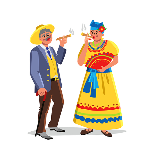 Cuban Cigar Tobacco Smoking Man And Woman Vector. People Wearing Cuba Traditional Clothes Smoke And Enjoy Cuban Cigar. Characters With Unhealthy Hand Made Product Flat Cartoon Illustration