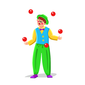 Juggler Clown Juggling Balls In Funny Suit Vector. Juggler Man Performer Throwing Tossing Red Spheres. Circus Worker Artist Character, Entertainment Leisure Time Flat Cartoon Illustration