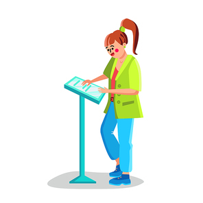 Woman Use Self-service Kiosk Digital Device Vector. Young Girl Touching With Finger Sensitive Screen Of Interactive Kiosk Terminal For Find Information. Character Client Flat Cartoon Illustration
