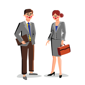 Lawyers Business Workers Man And Woman Vector. Couple People Lawyers Colleagues Wearing Suit And Holding Case. Characters Businesspeople Explaining Legal Situation Flat Cartoon Illustration