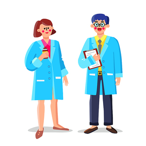 Pharmacist Laboratory Workers Man And Woman Vector. Pharmaceutical Lab Colleagues Scientists Research And Development. Characters Medical Drug Specialists Job Flat Cartoon Illustration