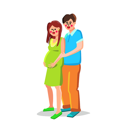 Pregnant Woman Embracing Man Happy Family Vector. Smiling Husband Embrace Pregnant Woman With Love, Lady Touching Belly. Characters Waiting Baby, Future Parents Flat Cartoon Illustration