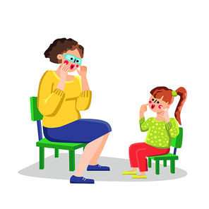 Speech Therapist Teaching Letter Small Girl Vector. Speech Therapist Woman Help Little Patient. Characters Education Exercising Pronunciation, Private Lesson Flat Cartoon Illustration