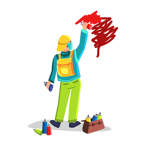 Street Vandalism Artist Painting Graffiti Vector. Boy Drawing Wall With Color Paint Spray, Creativity Art And Vandalism. Character Teenager Spraying And Creation Flat Cartoon Illustration