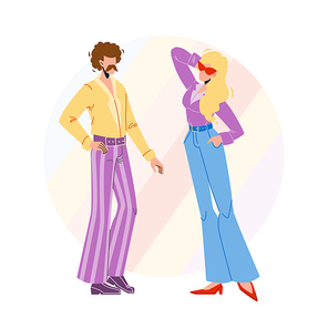 Fashion 1970 Year Disco Style Young People Vector. Man And Woman Wearing Fashion 1970 Clothes, Retro Costume. Characters Vintage Stylish Dressed, Glamor Clothing Flat Cartoon Illustration