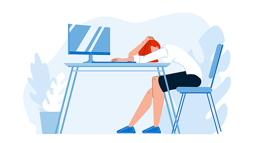 Business Woman Asleep At Desk In Office Vector. Overworked Young Businesswoman Employee Asleep At Desk. Character Girl Worker Resting Sleeping On Workplace Table Flat Cartoon Illustration
