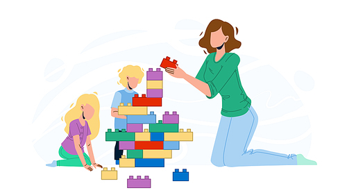 Woman Babysitting And Playing With Children Vector. Young Girl Babysitting And Play With Kids. Characters Babysitter And Babies Building Tower With Blocks Toys Flat Cartoon Illustration