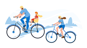 Bicyclists Family Riding Together In Park Vector. Bicyclists Mother And Father With Daughter Ride Bicycles. Characters Cyclists On Bikes Active Sport Weekend Time Flat Cartoon Illustration
