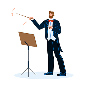 Music Conductor Man Conducting Orchestra Vector. Conductor Leader With Stick Baton And Stand With Notes Book Directing Symphony Musicians. Character Gesturing Flat Cartoon Illustration