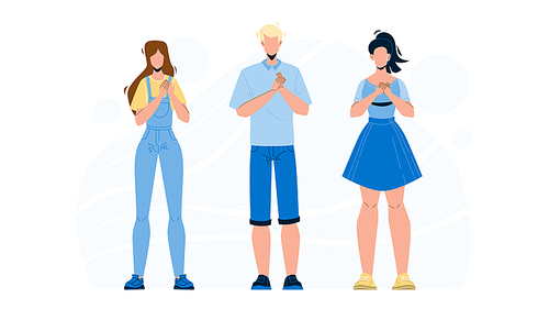 Honesty People Group With Hands On Chest Vector. Honesty Young Man And Women With Grateful Gesture Tell Truth. Friendly Characters Swear Or Promises Something Flat Cartoon Illustration