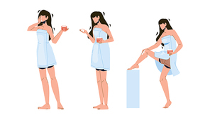 Girl Ointment Package And Massaging Leg Set Vector. Young Woman Holding Ointment Container, Cream On Hand And Body Applying. Character Beauty Cosmetics Treatment Flat Cartoon Illustrations