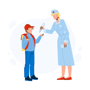 School Doctor Measuring Pupil Temperature Vector. School Doctor Holding Thermometer Medical Equipment And Medicine Drugs Package For Examination Boy Health. Characters Flat Cartoon Illustration