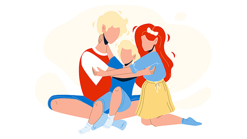 Siblings Sitting On Floor And Embracing Vector. Siblings Brothers And Sisters Kids Playing Together. Relationship Characters Children Family Play Time Togetherness Flat Cartoon Illustration