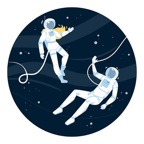 Astronauts In Spacesuit Flying Outer Space Vector. Cosmonauts Man And Woman Wearing Spacesuit And Helmet. Characters Spacepeople Universe Cosmos Explorer Mission Flat Cartoon Illustration