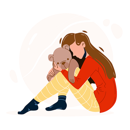 Girl With Trauma Embracing Teddy Bear Toy Vector. Depressed Young Woman Painful Trauma Sitting On Floor, Lady Feeling Pain. Sad Stressed Character Crying Emotion Flat Cartoon Illustration