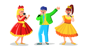 Man And Women Performing Song In Choir Vector. Young People Singing In Microphone And Dancing Dance Together, Choir Group Performers. Characters Singers Sing Flat Cartoon Illustration