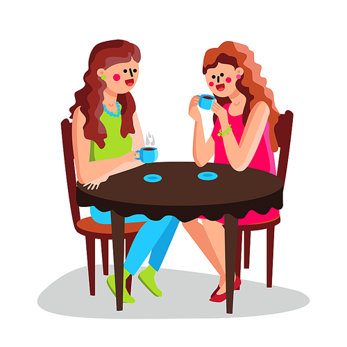 Girls Drinking Hot Coffee At Cafe Table Vector. Young Women Drink Coffee Energy Beverage And Speaking. Breakfast Characters Ladies In Restaurant Leisure Time Flat Cartoon Illustration