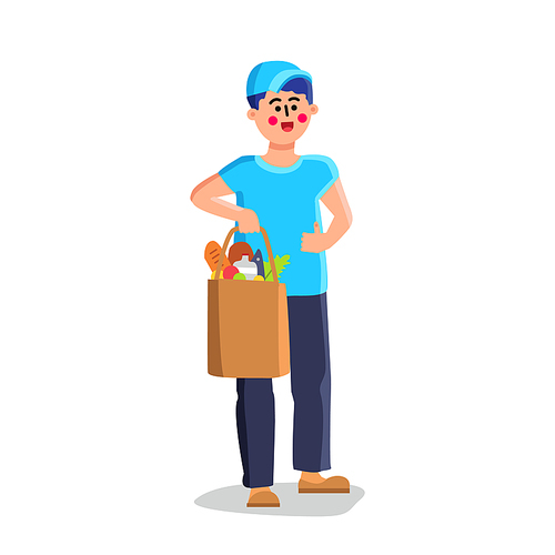 Volunteer Holding Groceries, Food Donation Vector. Young Man Holding Bag With Nutrition And Gesturing Good, Food Donation And Aid Poor People. Character Donating Flat Cartoon Illustration