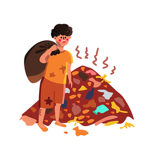 Homeless Man With Bag Walking On Landfill Vector. Dirty Guy Wearing Tatters Clothes Walk On Garbage Dump Landfill And Collect Waste In Package. Character Tramp Flat Cartoon Illustration