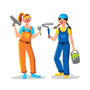 Painter Woman With Paint Roller And Tassel Vector. Happy Young Painter Girl Wearing Coveralls Holding Bucket And Equipment For Painting. Characters Repair Lady Flat Cartoon Illustration