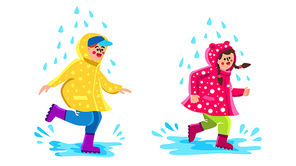 Children Wearing Raincoat Walking Puddles Vector. Happy Little Boy And Girl Wear Raincoat Walk And Run Rainy Weather Day. Characters Kids Rain Clothes Running And Jumping Flat Cartoon Illustration