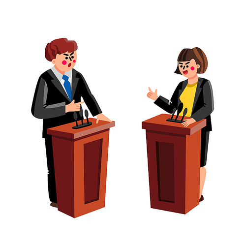 Speaker Politician Debate Or Conference Vector. Man And Woman Speaker Discussing At Tribune With Microphone. Political Characters At Pedestal Podium Interview Flat Cartoon Illustration