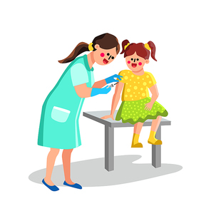 Nurse Injection Vaccination Girl Patient Vector. Doctor Young Woman With Syringe Giving Vaccination Shot Little Baby Arm, Medical Treatment. Characters Hospital Cabinet Flat Cartoon Illustration