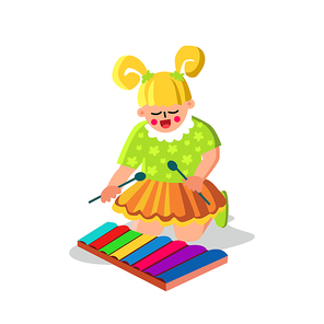 Girl Playing Musical Instrument Xylophone Vector. Little Child Baby Play Xylophone Toy. Character Kid Musician Leisure Funny Time Educational Music Equipment Flat Cartoon Illustration