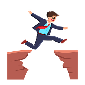 Businessman Jumping Over Abyss Challenge Vector. Young Man Wearing Costume Danger Jump Over Abyss Cliff Gap. Character Employee Risk And Success Challenge Flat Cartoon Illustration