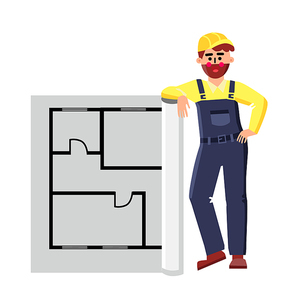 Architect Builder With Layout House Plan Vector. Architect Engineer Leaning Apartment Document Construction Site. Character Young Bearded Man Engineering Work Flat Cartoon Illustration