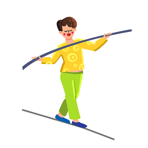 Man Balance Stick Balancing On Tightrope Vector. Young Boy Cord Walker Holding Balance Stick Walking On Rope. Character Acrobatic Circus Worker Performer Guy Flat Cartoon Illustration