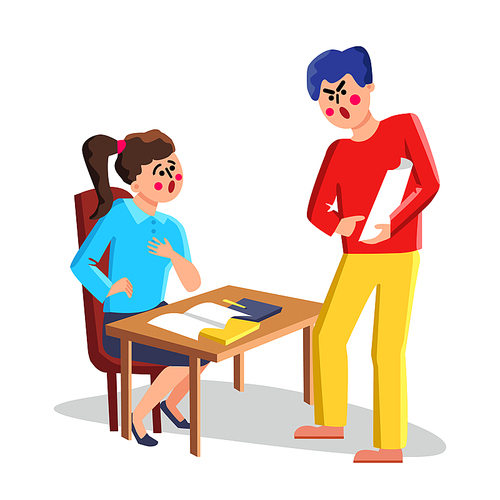 Angry Man Complaining About Bad Service Vector. Young Man Holding Document List And Screaming Complaint Woman Worker. Characters Partnership Commercial Distrust Flat Cartoon Illustration