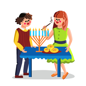 Hanukkah Jewish Holiday Celebrate Couple Vector. Young Man And Woman Jew Lighting Menorah Candles, Hanukkah Celebration. Characters Boy And Girl Standing Near Festival Table Flat Cartoon Illustration