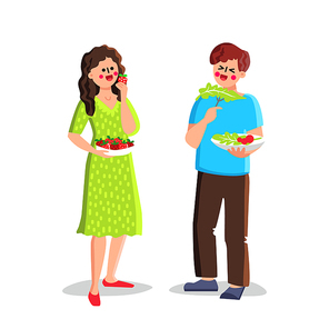 Healthy Food Eating Boy And Girl Couple Vector. Fruit And Berry, Vegetable And Salad Healthy Food Eat Young Man And Woman. Characters And Healthcare Nutrition Flat Cartoon Illustration