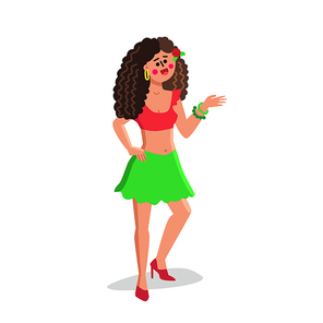 Beautiful Latina Girl With Rose Bud In Hair Vector. Pretty Young Curly Latina Girl Wearing Skirt And Shirt Top. Attractive Exotic Hispanic Character Woman Flat Cartoon Illustration