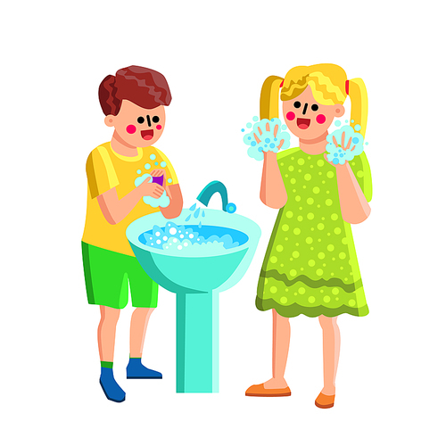Boy And Girl Washing Soapy Hands In Sink Vector. Children Wash Soapy Hands In Bathroom, Sanitizer Disinfectant. Characters Kids Hygienic Disinfect Procedure Flat Cartoon Illustration
