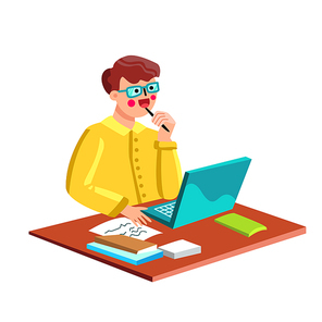 Writer Man Working At Desk With Laptop Vector. Writer Holding Pen In Mouth Thinking About Book Or Article Text. Notice Paper List And Computer On Table. Character Flat Cartoon Illustration